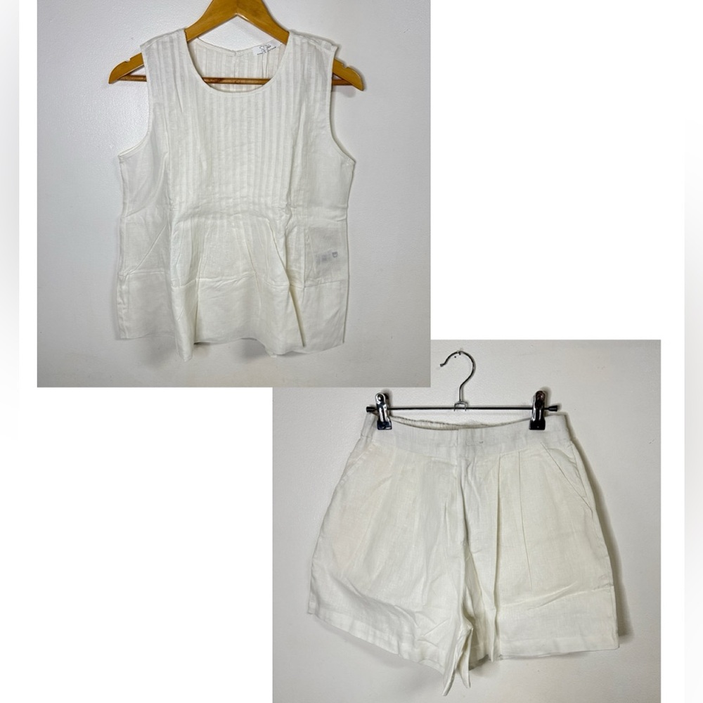 Women’s White Pintuck Linen Sleeveless Top and Tailored Shorts Set